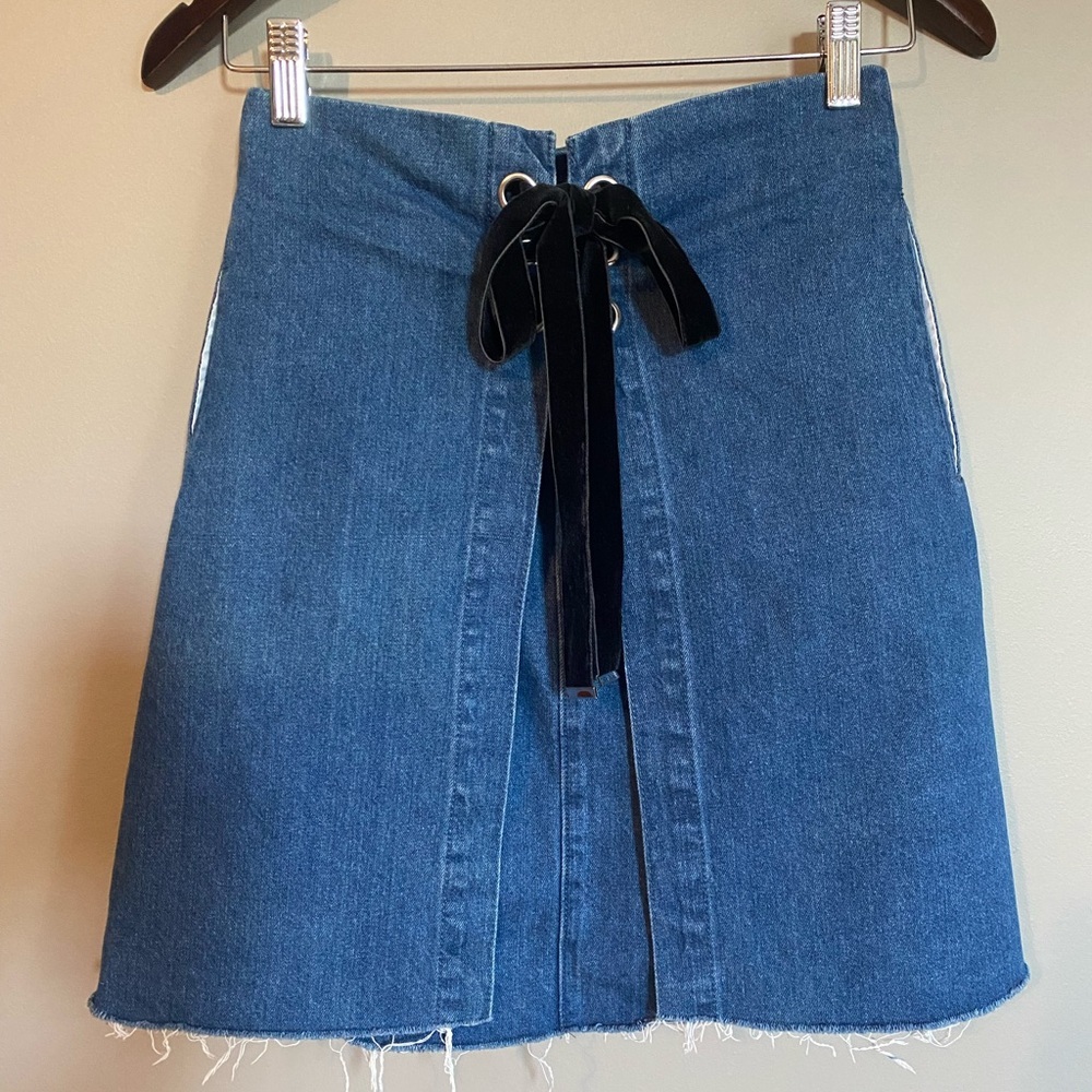 Peacebird Layered Denim Skirt Front Tie Side Pockets Size S